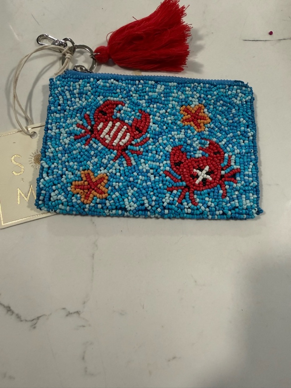 Hand-Beaded Crab Wristlet Pouch - Blue and Red